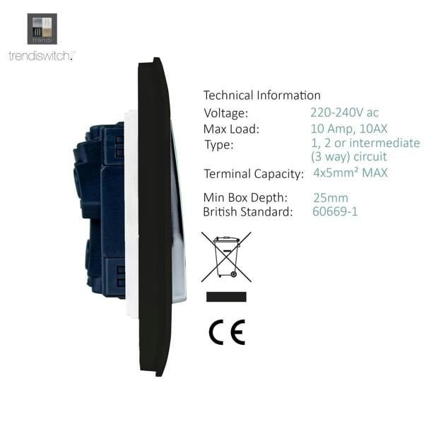 Trendi Switch 4 Gang Light Switch (3x 1 or 2 Way & 1 x Intermediate)in Carbon Fibre