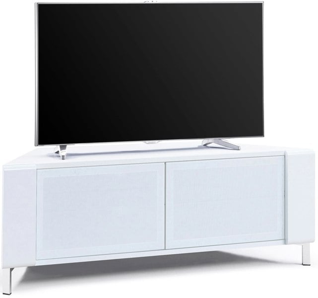 MDA Designs CORVUS Corner-Friendly Gloss White Contemporary Cabinet with White Profiles White BeamThru Glass Doors for Flat Screen TVs up to 50"
