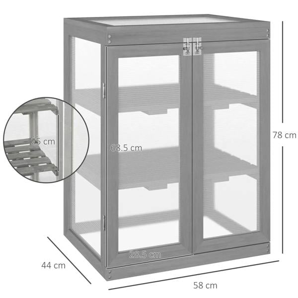 Dark grey 3-tier greenhouse cold frame with transparent polycarbonate panels and two doors