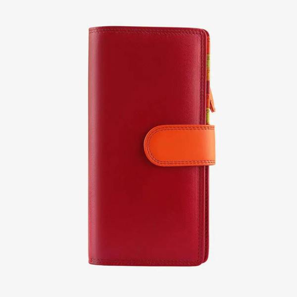 Red bifold purse with an orange strap on a white background
