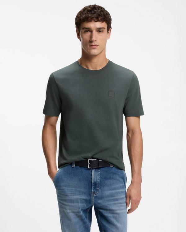 BOSS Orange Tales Mens Cotton - Jersey T - shirt With Logo Patch - Open Green 377 | CHO | Designer Mens Logo T - Shirts