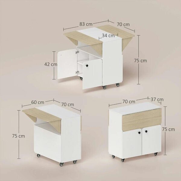 Folding Dining Table, Rolling Drop Leaf Table with Hidden Shelf & Cabinet for Dining Room, Small Spaces, White