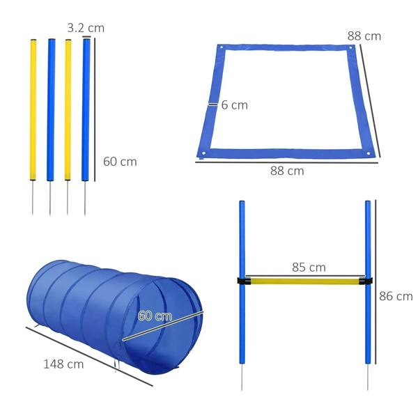 Blue and yellow agility poles, blue tunnel, hurdle, and square pause box components