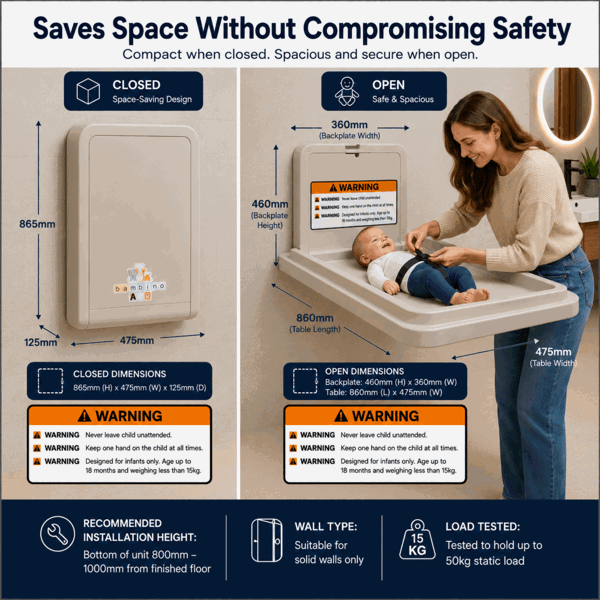 ProKleen Bambino Wall Mounted Baby Nappy Changing Table Unit Vertical Fold Down Commercial Space Saver with Free Baby Changer Door Sign