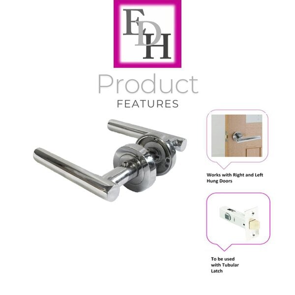 EDH Door Hardware Modern Chrome Straight T-Bar Door Handles with Round Rose + Tubular Latch