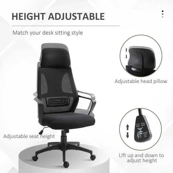 Black ergonomic office chair with adjustable headrest and seat height, caster base
