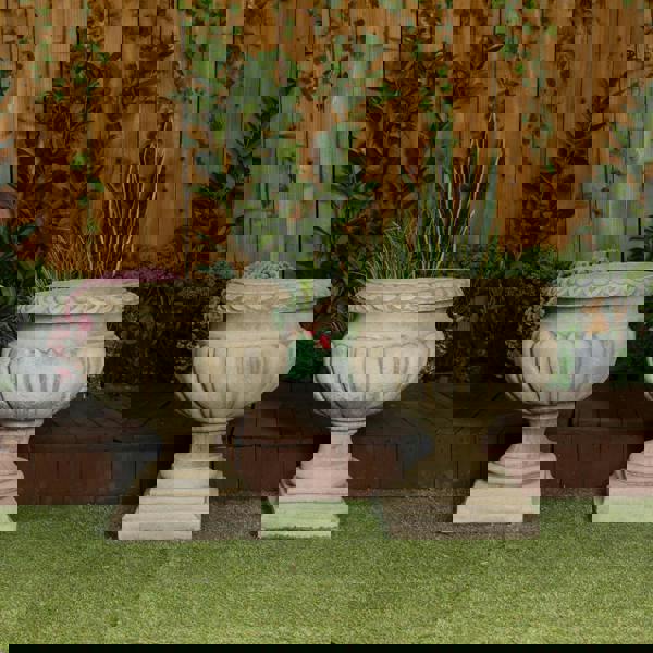 Pair of Large Stonecast Tazza Urns Garden Ornaments