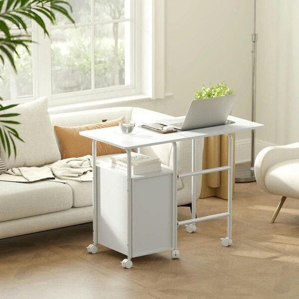 105 x 51 cm Foldable Office Deskwith 3 Drawers, Extendable Top, Wheels, White