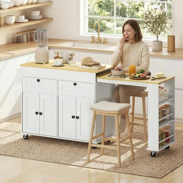 Rolling Kitchen with Expandable Top, Kitchen Island on Wheels with USB Ports & Power Outlets, Storage, White - White