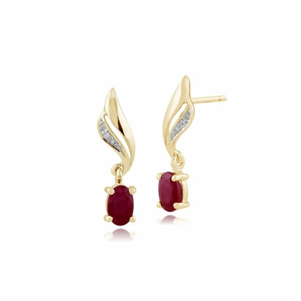 Classic Oval Ruby & Diamond Twist Drop Earrings in 9ct Yellow Gold - Gemondo