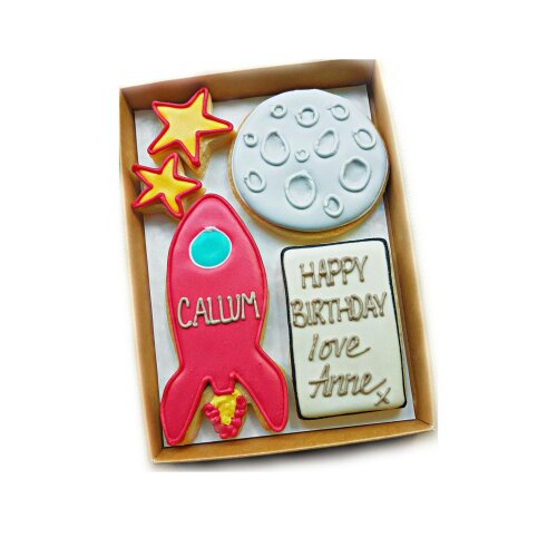 The Cookie Collaboration Hand-iced Personalised Rocket, Moon & Stars Cookie LETTERBOX GIFT/children's gift