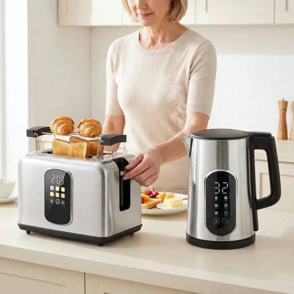 Kettle and Toaster Set with LED Touch Screen, Kettle with Strix Thermostat, 2 Slice Toaster w/ 6 Browning Levels, Silver