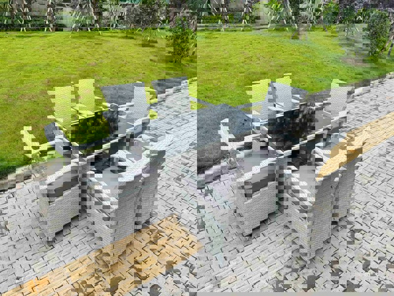 Fimous Light Grey Rattan Outdoor Garden furniture Set Black Tempered Glass Dining Table and 6 Chairs Set with Seat Cushion