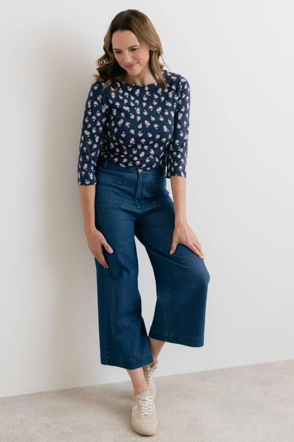 Lily & Me Monica Verbena Print Organic Cotton Jersey Top Navy