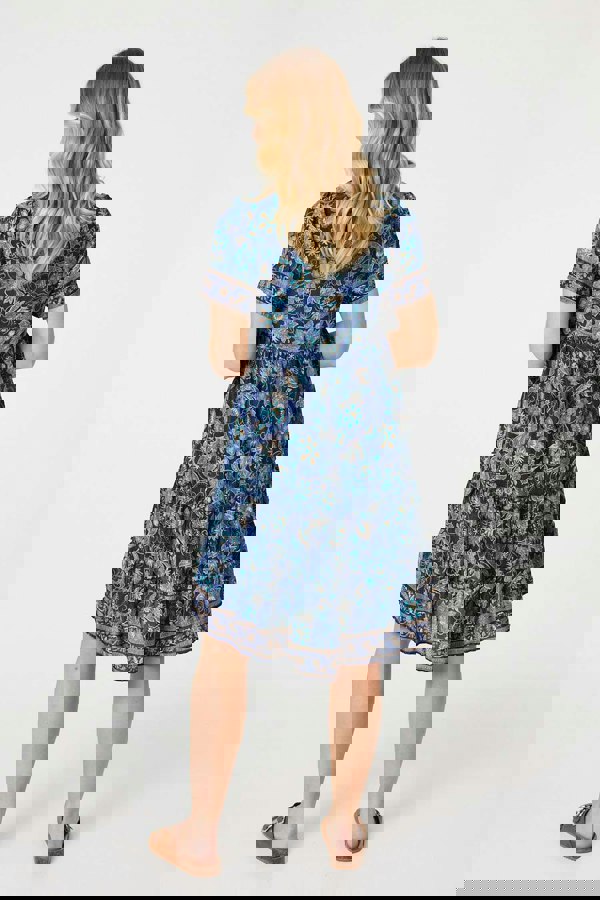 Teal | Paisley Border Print V-Neck Short Dress