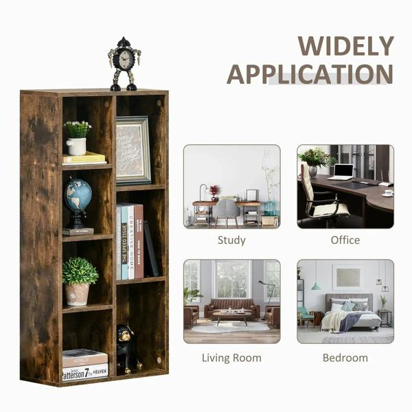 Rustic brown 7-cube bookcase with open shelves, styled with decor in rooms