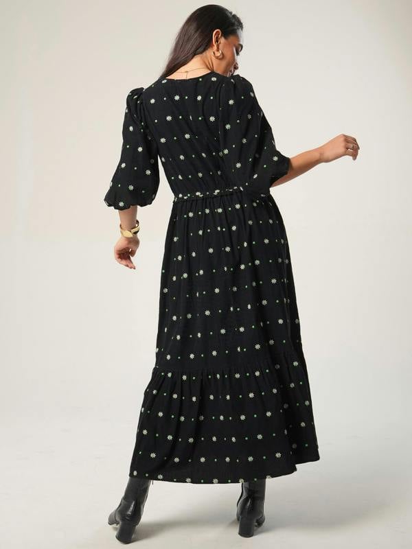 Rose & Nancy Eddie Black Cord Embroidered Polka Dot Maxi Dress