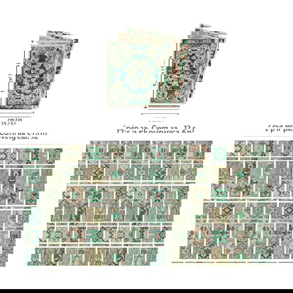 WT1585 - Vintage Green Antique Azulejo Wall Tile Sticker Set - 15 x 15 cm (6 x 6 in) - 24 pcs