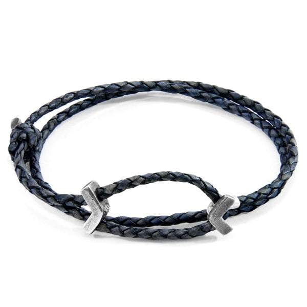 Anchor & Crew Indigo Blue William Silver and Braided Leather SKINNY Bracelet