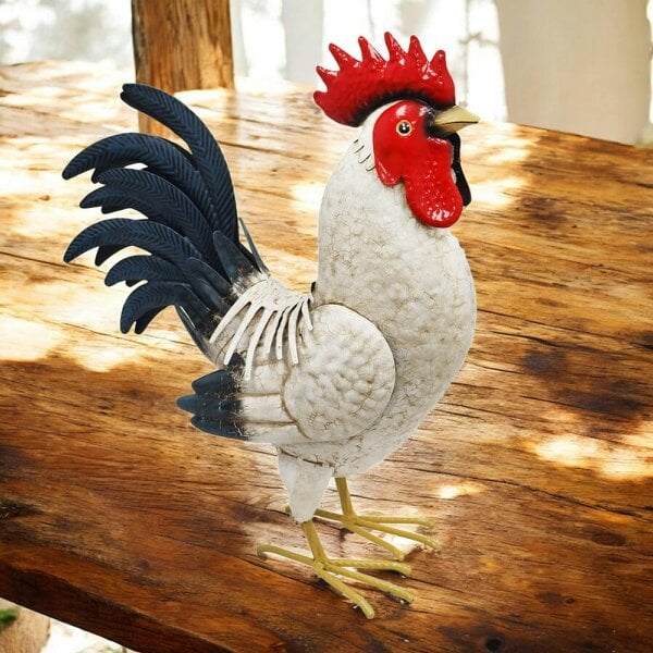 EDH Door Hardware Metal White Cockerel (44cm x 16cm x 36cm) – Handcrafted Rustic Rooster Garden Ornament Farmyard Statue