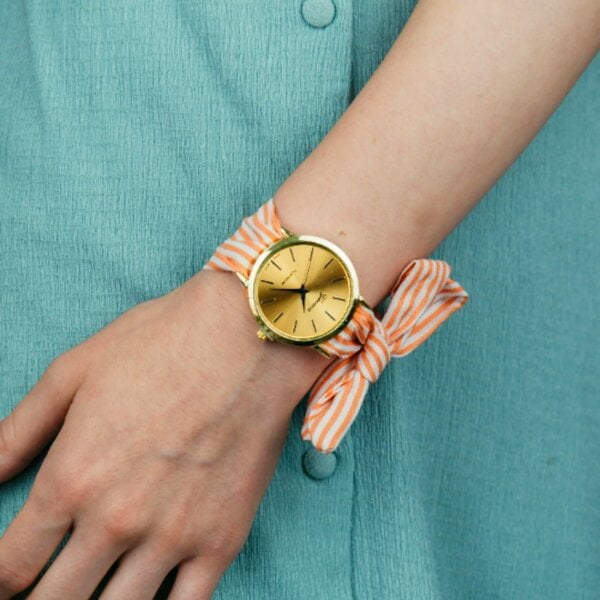 The Colourful Aura Brown Stripe Cloth Changeable Cotton Tie Knot Strap Geneva Boho Wristwatch - Orange