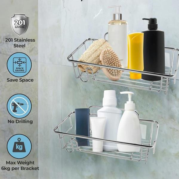 Top 3 Rectangular 2x Shower Caddy Bathroom Suction Shelf Storage No Drill Silver