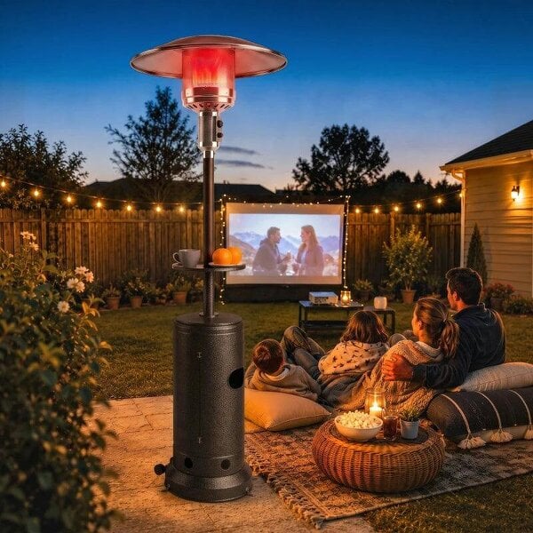Bobobiy Gas Patio Heater with Table Tray, 13 kW Portable Propane Outdoor Heater with Piezo Ignition, Tip-over Protection, Brown