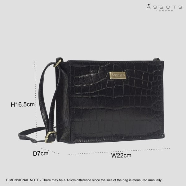 Assots London 'SUSAN' Black Croc Real Leather Rectangle Box Crossbody Bag