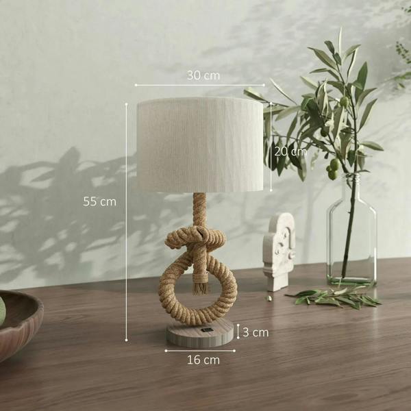 Cream lampshade hemp rope table lamp with circular weighted base, side view