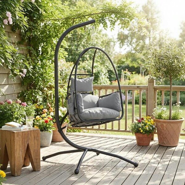 Hanging Egg Chair, Indoor Outdoor Swinging Hammock Chair with Stand, Foldable Basket, Side Pocket, Dark Grey