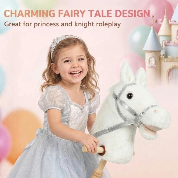Bobobiy Hobby Horse with Wood Wheels, Stick Horse with Grip Handle, Hoofbeats Neighing, Gift for Imaginative Play, 95 cm, White