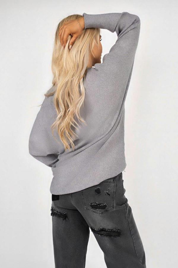 Haisley Long Sleeve Knitted Jumper With Embellished Neckline - Grey