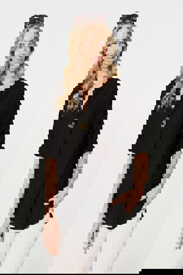 Black | Button Detail 1/2 Sleeve V-Neck Blouse
