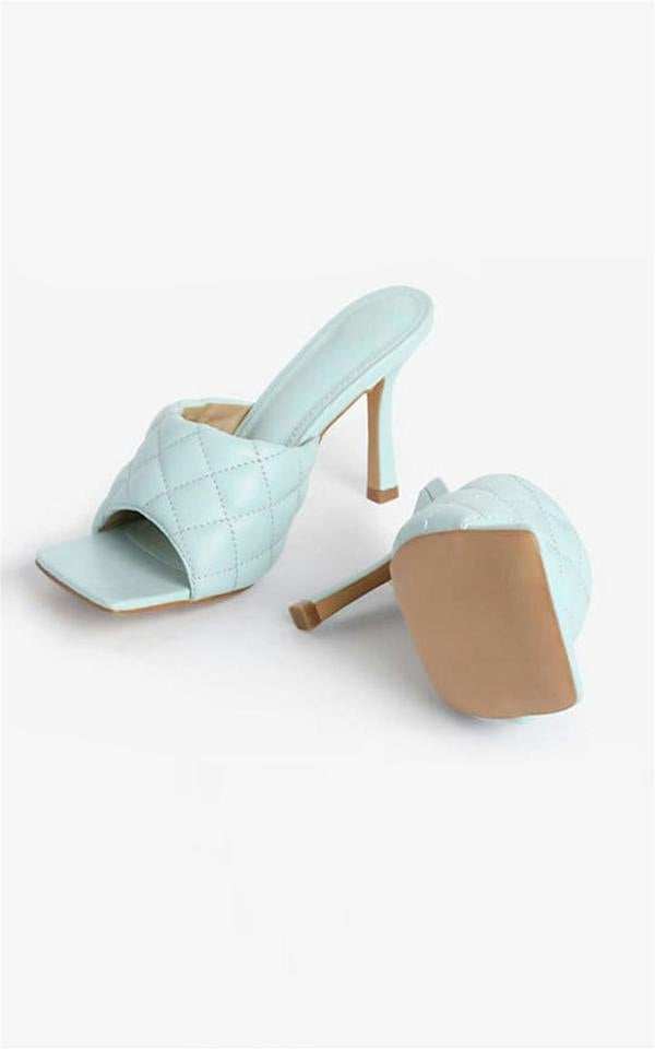 FS Collection Quilted Block High Heeled Mule Sandal In Mint Blue