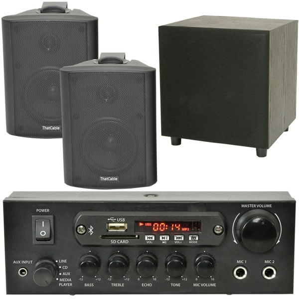 PREMIUM TV Sound System Black Wall Speakers 200W Subwoofer & Bluetooth Amp Kit