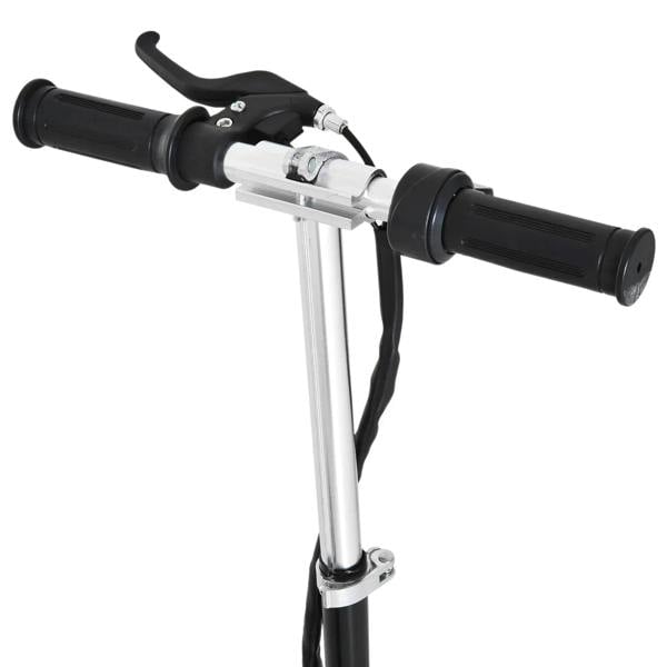 Black handlebar and silver folding stem with rubber grips