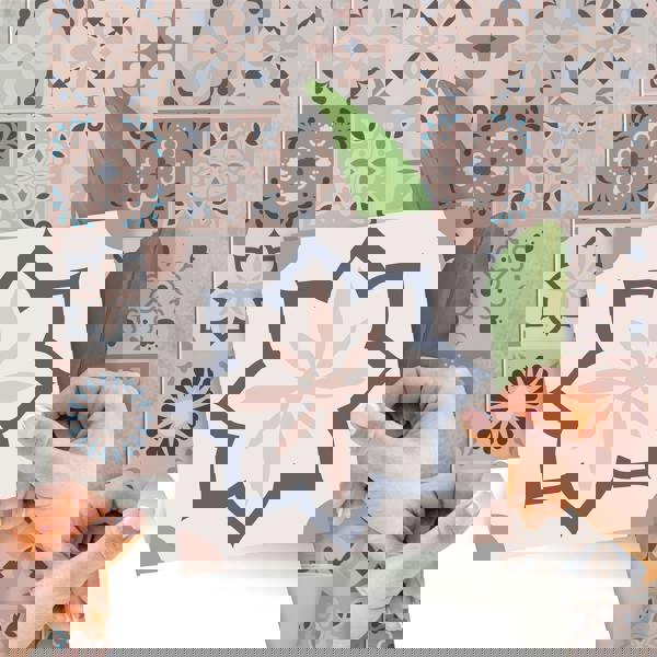 WT1562 - Menara Pink and Grey Cement Moroccan Wall Tile Sticker Set - 15 cm x 15 cm - 24 pcs