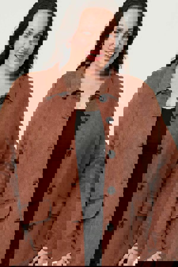 Brown| Curve Faux Suede Button Front Shirt Jacket