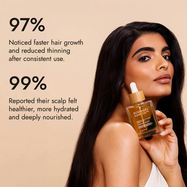 Rosemary hair oil bottle with dropper on a beige background, featuring Marie Claire Hair Awards 2026 winner badge. Rosemary hair oil, intense growth syrup, hair growth, rosemary oil, healthier, fuller-looking hair, castor oil, sunflower seed oil, stimulate, regrowth, hair thinning, natural, best hair growth oil 
