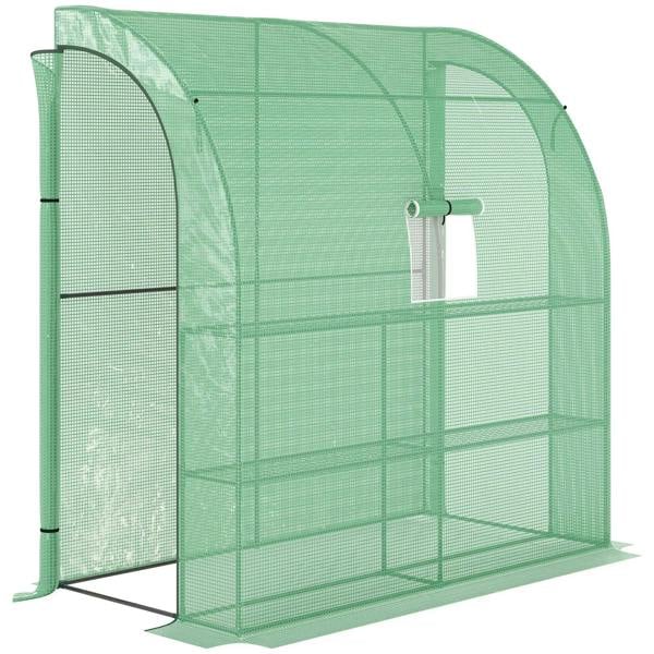 Green lean-to greenhouse with arched door, PE mesh panels, and front frame detail