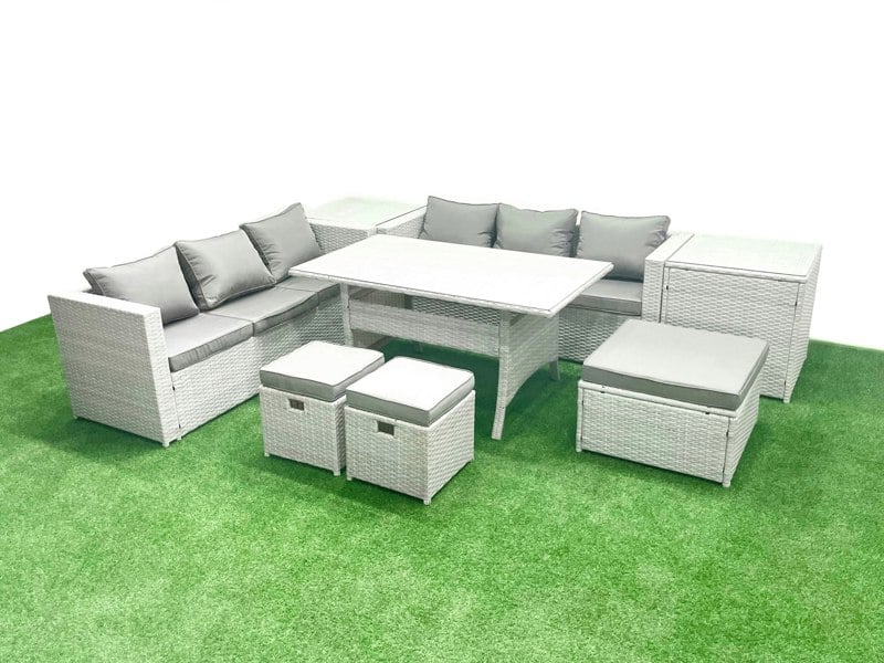 Fimous Rattan Garden Furniture Set 9 Seater Outdoor Sofa Set with Dining Table 2 Side Tables 3 Footstools Light Grey Mixed