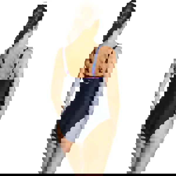 Navy blue Zoggs Zephyr Multiway Swimsuit with purple accents and thin straps