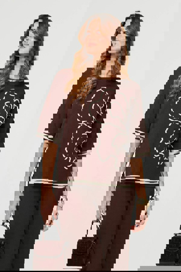 Brown | Floral Trim Top & Trousers Co-Ord Set
