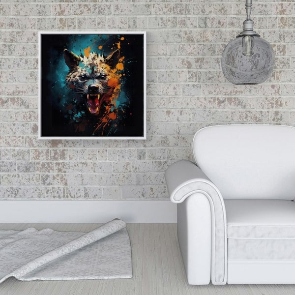 Warren Reed Splash Art Angry Hyena Face Framed Canvas