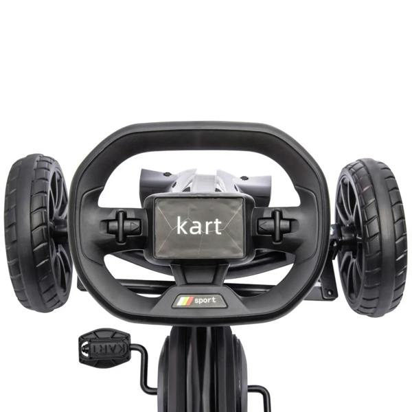 Black kids pedal go kart steering wheel front view with two front wheels visible