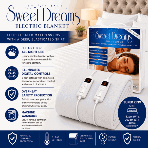 Sweet Dreams Electric Blanket Super King Bed Size Machine Washable Elasticated Skirt - Overheat Safety