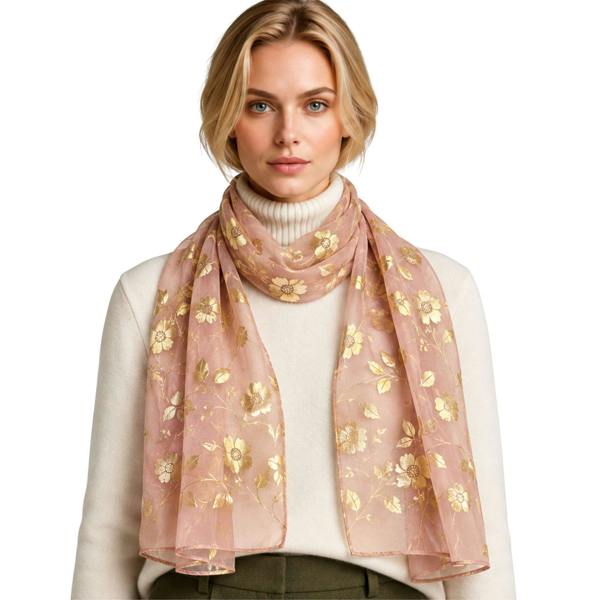 Love EMVY Ladies Sheer Floral Scarf with Gold Effect Print 180 x 70cm - Peach