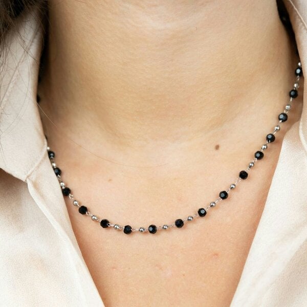 The Colourful Aura Black Crystal Beaded Silver Gold Asian Nazar Mangalsutra Choker Necklace - Silver