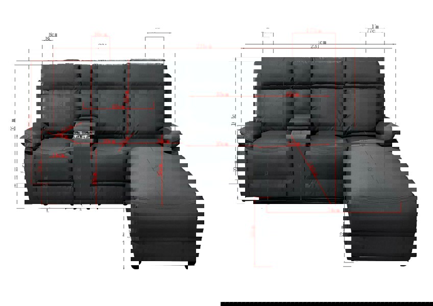 DS Living Sorento Recline Right Hand Corner Leather 3 Seater Sofa in Black or Grey