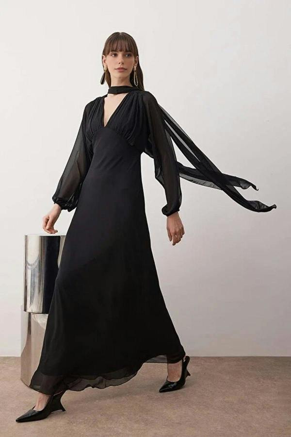 WOVCOR Woven Chiffon Elegant Maxi Evening Dress with Shawl Detail